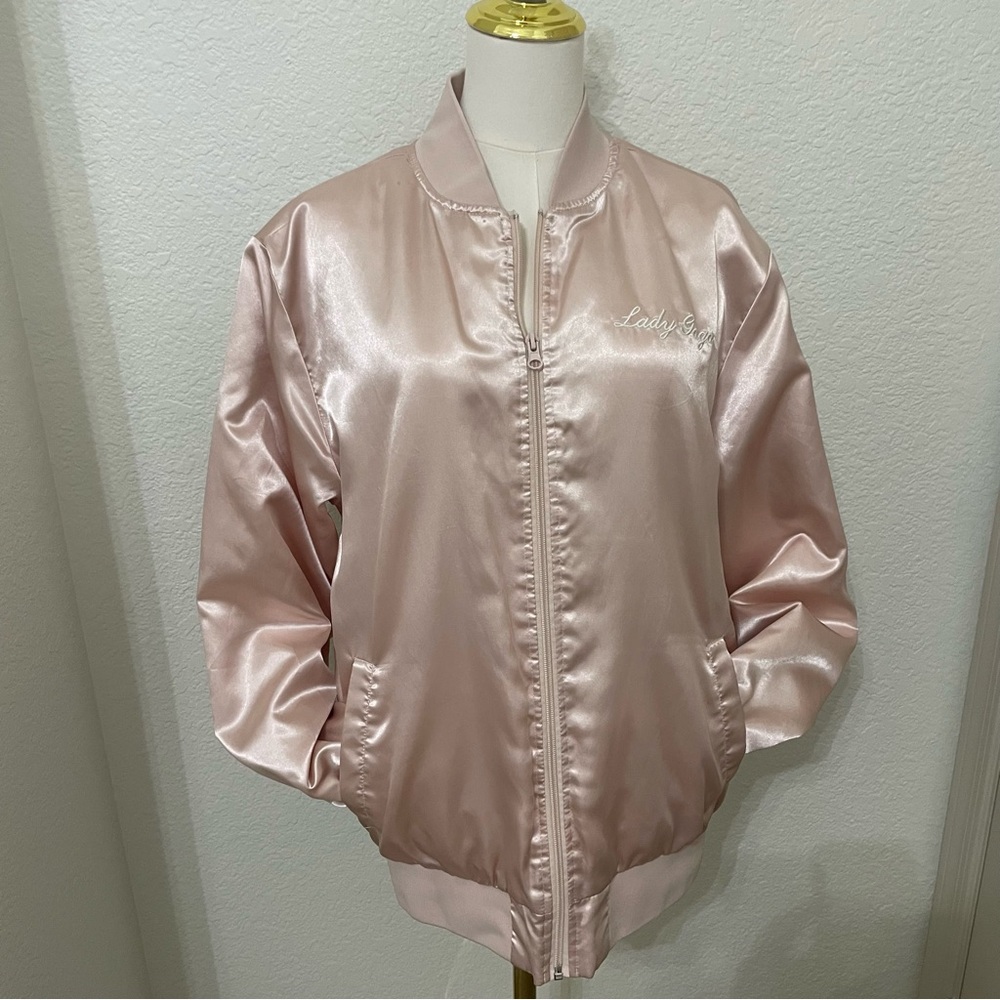 Lady Gaga Satin Bomber Jacket – Pink Shiny Zip-Up